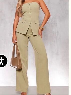 Sleeveless Button-Front Sage Green Top & Slacks set